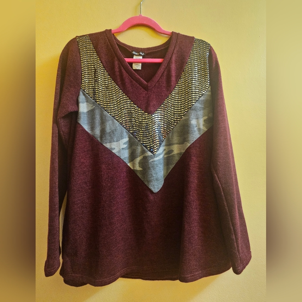 Heimish Burgundy Sweater with Contrasting Metallic And Camouflage patterns!